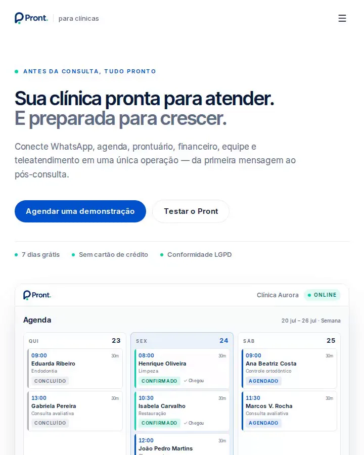 Prévia da landing page do software Pront